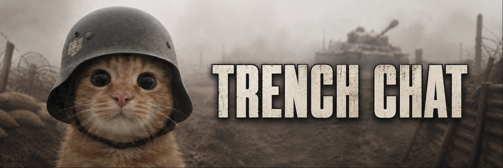 Trench Cat in a helmet on a foggy battlefield