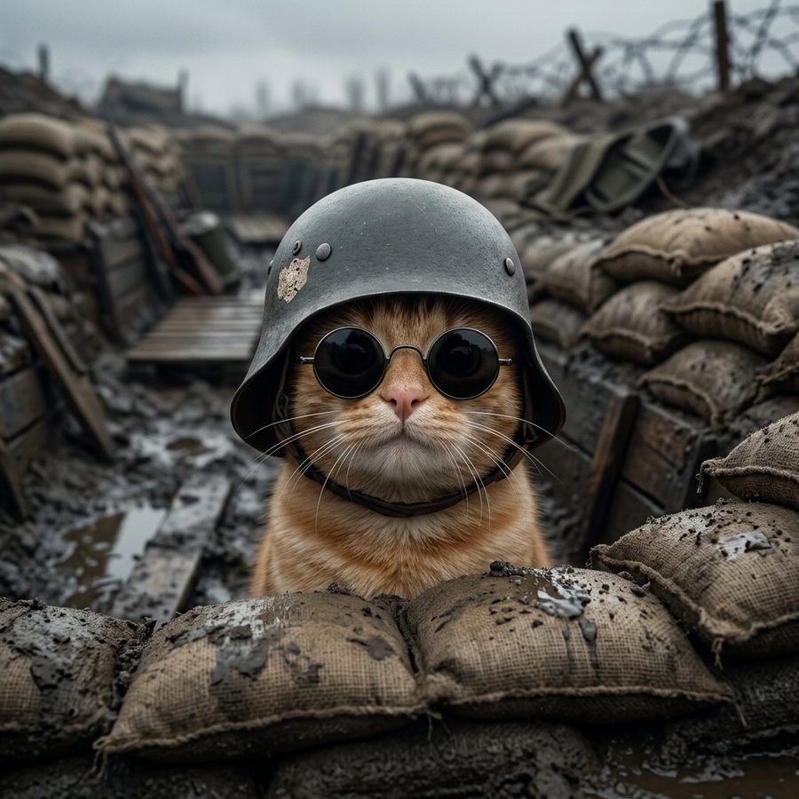Trench Cat in sunglasses in a muddy trench