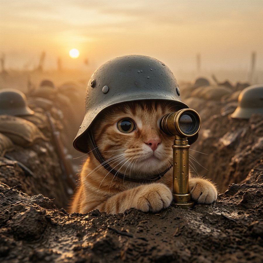 Trench Cat looking through a periscope at sunrise