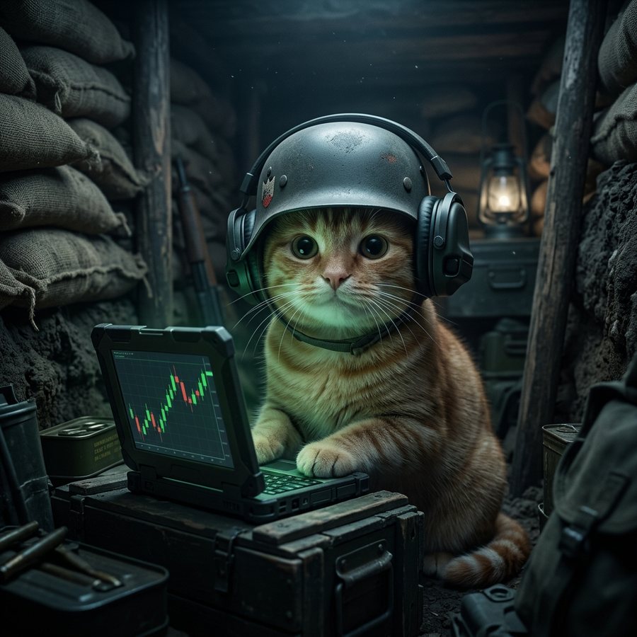 Trench Cat trading charts on a laptop in a dugout